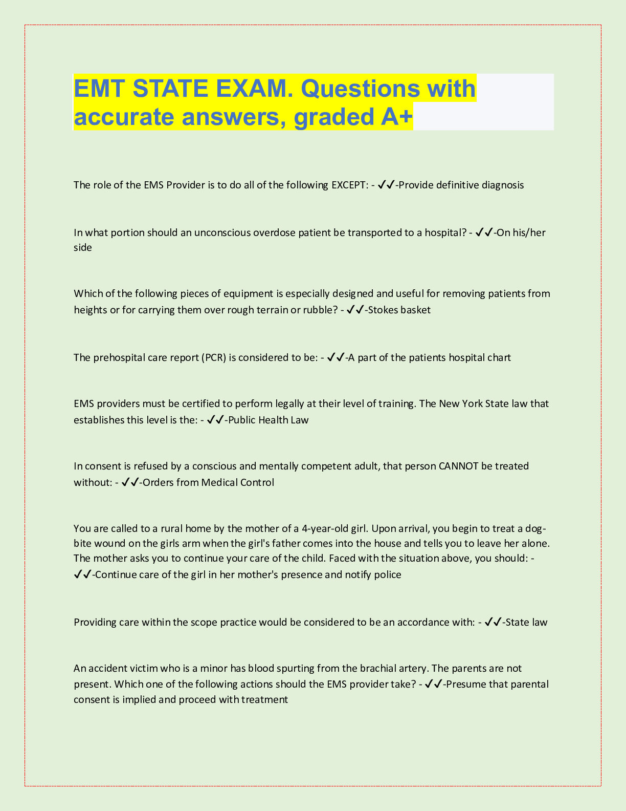 Preview image for EMT STATE EXAM. Questions with  accurate answers, graded A+